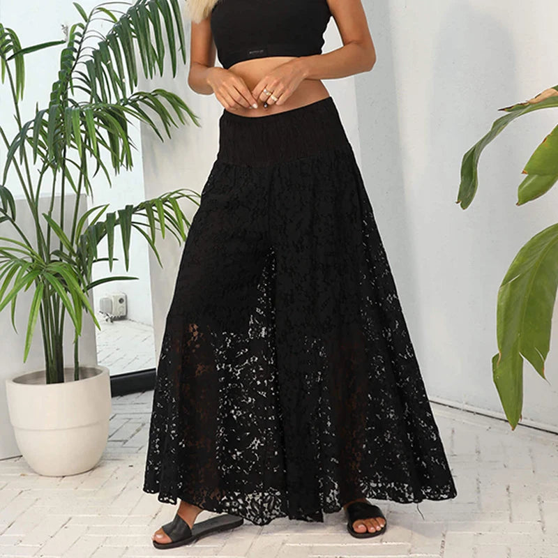 Spring Jacquard Liner Pants Female High Waist Wideleg One Piece Trousers Hollow Lacemesh Patchwork Long Pant