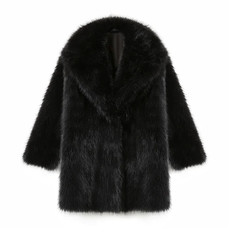Lapels Faux Fur Coat Winter Brand Designer Fluffy Fox Fur Jacket Furry Overcoats Girl Stylish Long Outerwear