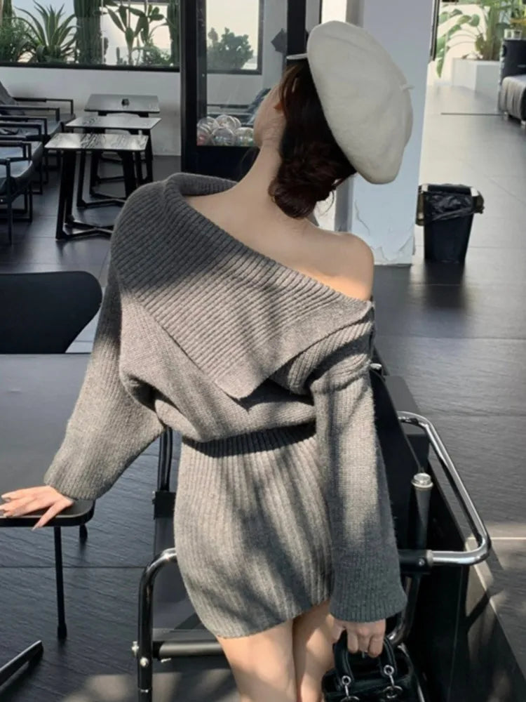 Y2k Sweater Knitted Dress for Diagonal Collar Off Shoulder Birthday Party Mini Dress Autumn Female Clothing