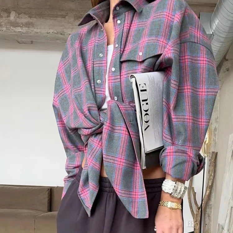 Summer Oversized Plaid Shirt Long Sleeve Loose Fit Blouse Autumn Female Office Shirt Tops for Woman