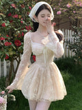 Sweet Fairy Dresses Lace Patchwork Bow Laceup Square Collar Flare Long Sleeve Party Mini Dress Short Vestidos