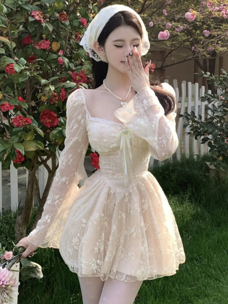 Sweet Fairy Dresses Lace Patchwork Bow Laceup Square Collar Flare Long Sleeve Party Mini Dress Short Vestidos