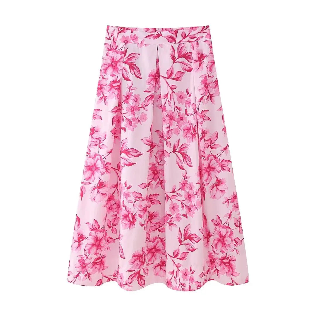 2 Piece Set Printed Long Sleeves Singlebreasted Top Blouse Female High Waist Aline Skirt