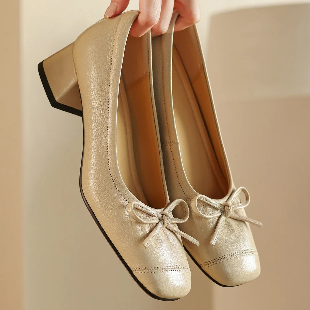 3441 Sheepskin Slipon Pumps 4cm Thick Low Heel Sweet Bowtie Soft Comfort Shoes