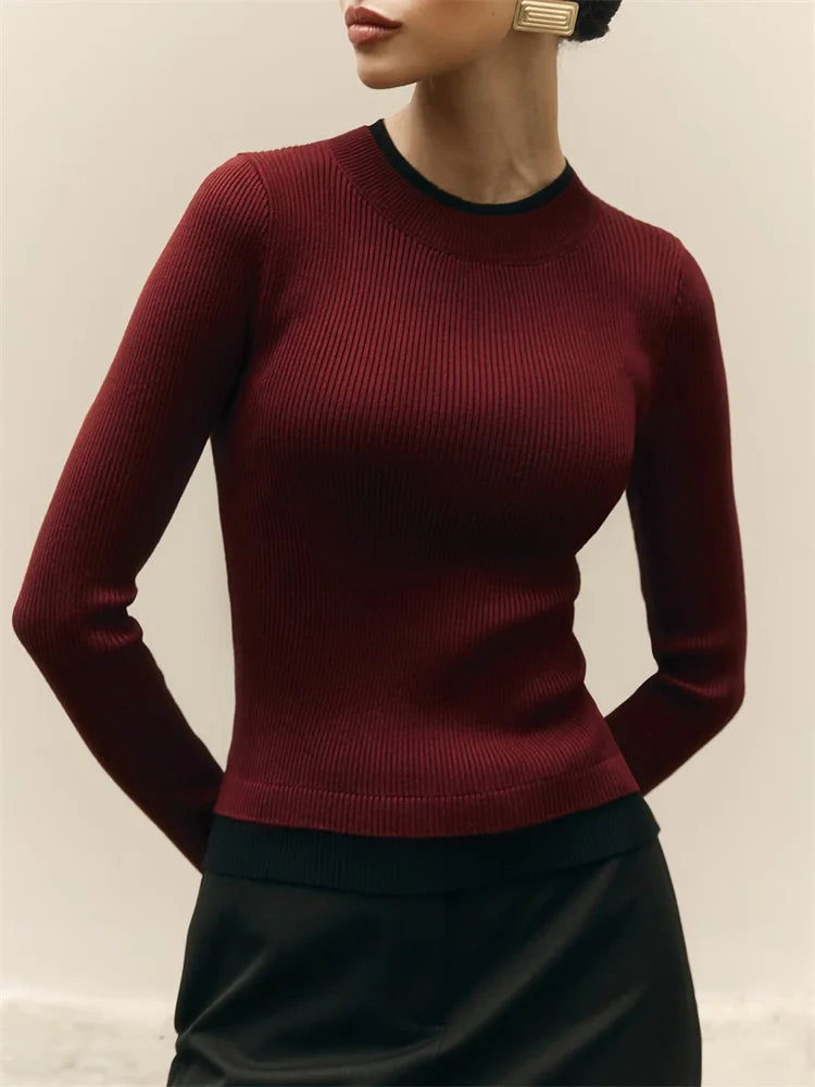 Autumn Knit Sweater Pullover for Ribbed Patchwork Long Sleeve Slim Lnner Inner Top Female Knitwear Top
