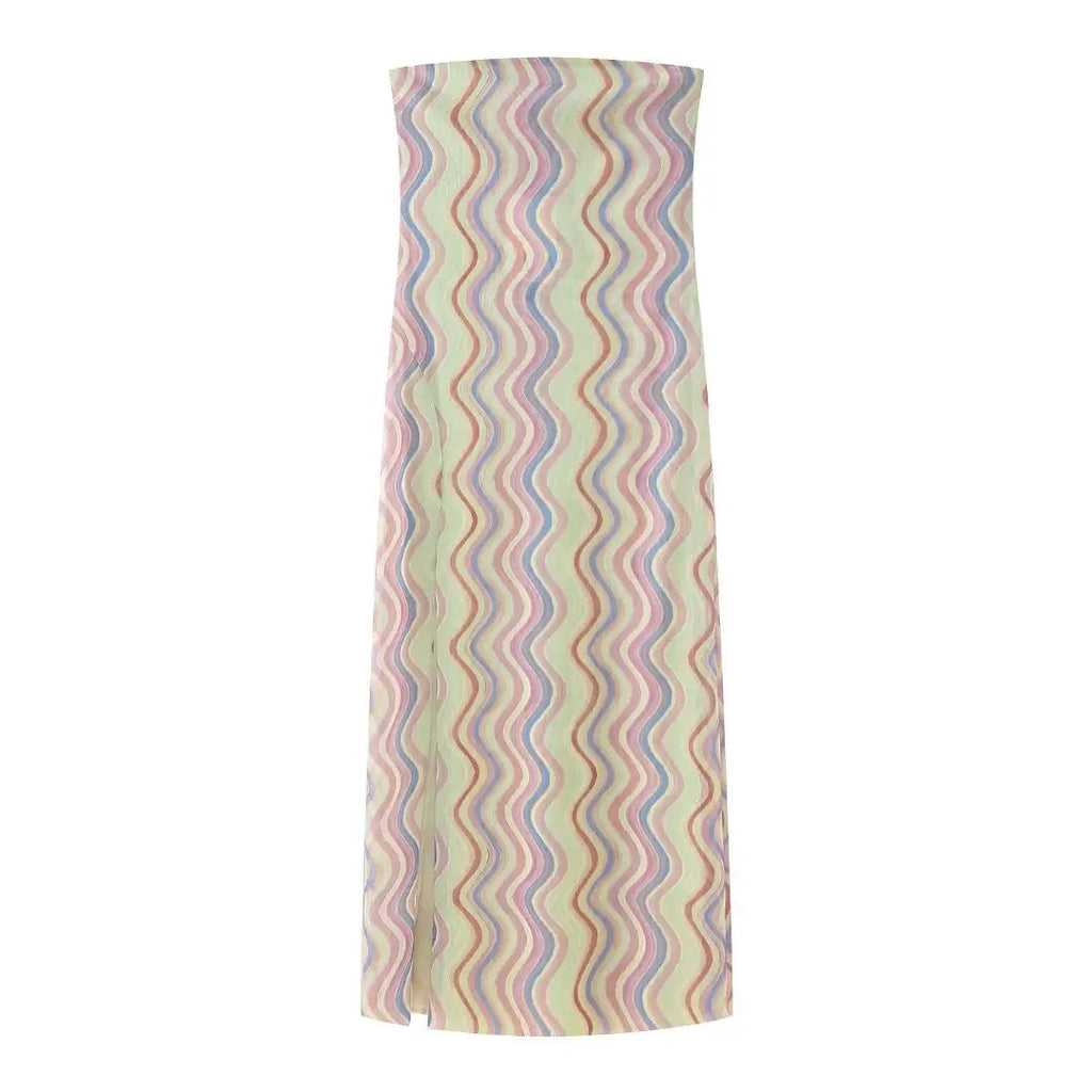 Summer Printed Tube Long Dress for Woman Strapless Slit Slim Fit Dresses Female Tulle Dress