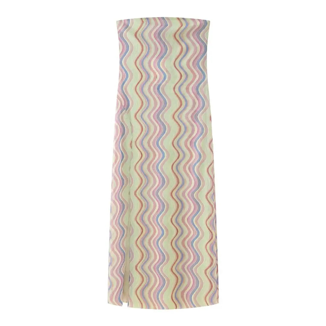 Summer Printed Tube Long Dress for Woman Strapless Slit Slim Fit Dresses Female Tulle Dress