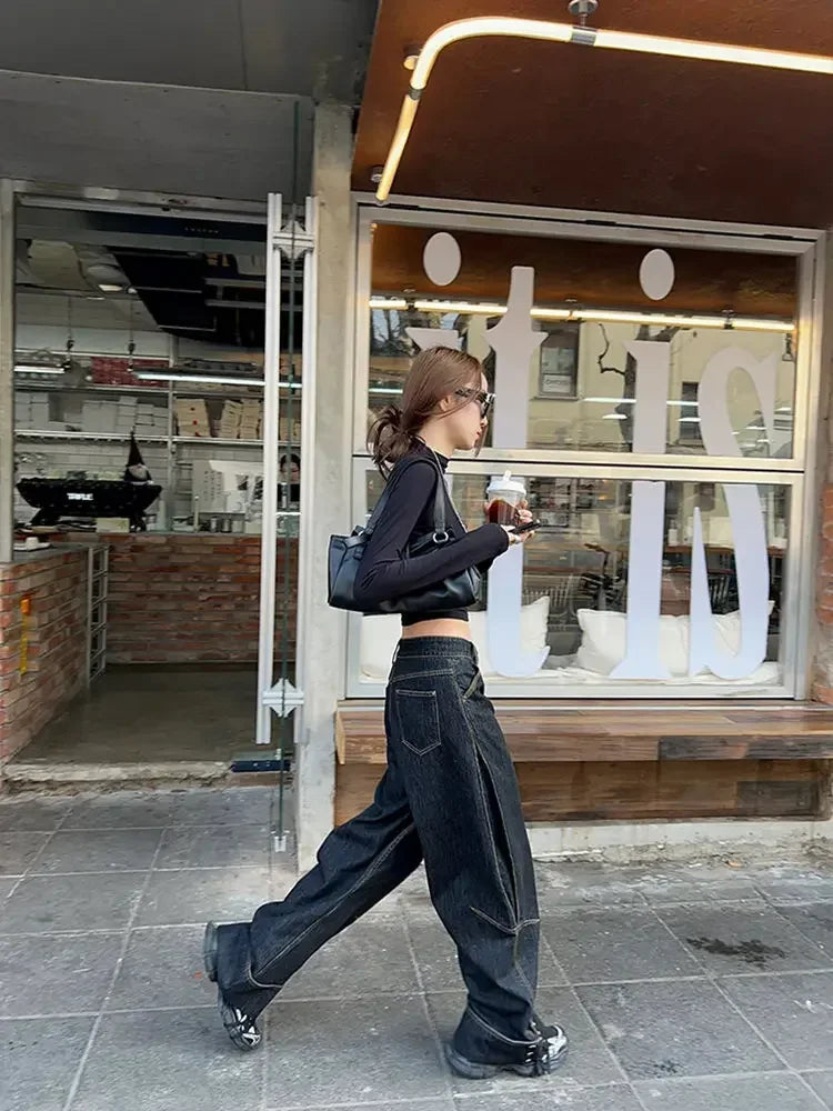 Black Wide Leg Jeans With Rivets Y2k High Wasit Denim Pants Korean Style Kpop Baggy Harajuku Trousers New