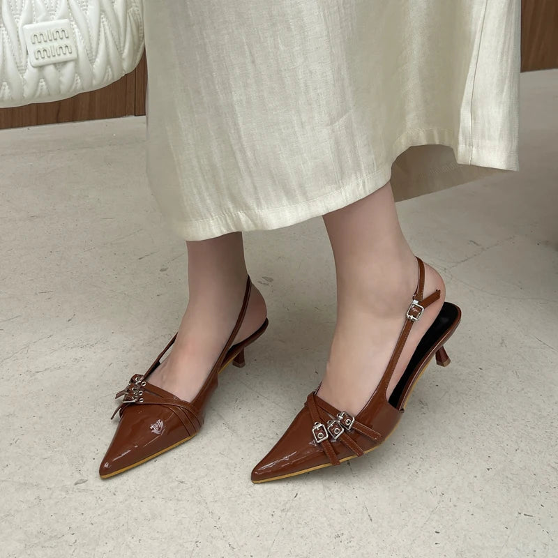 Orange Ladie Pumps Pink High Heels Pointed Toe Slingback Shoes Belt Buckle Low Heel Summer Office Shoes Blue