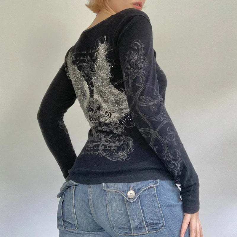 2000s Retro Rhinestone Graphic Print T-shirt Harajuku Grunge Y2k Aesthetics Fairy Crop Top Korean Mall Goth Tees