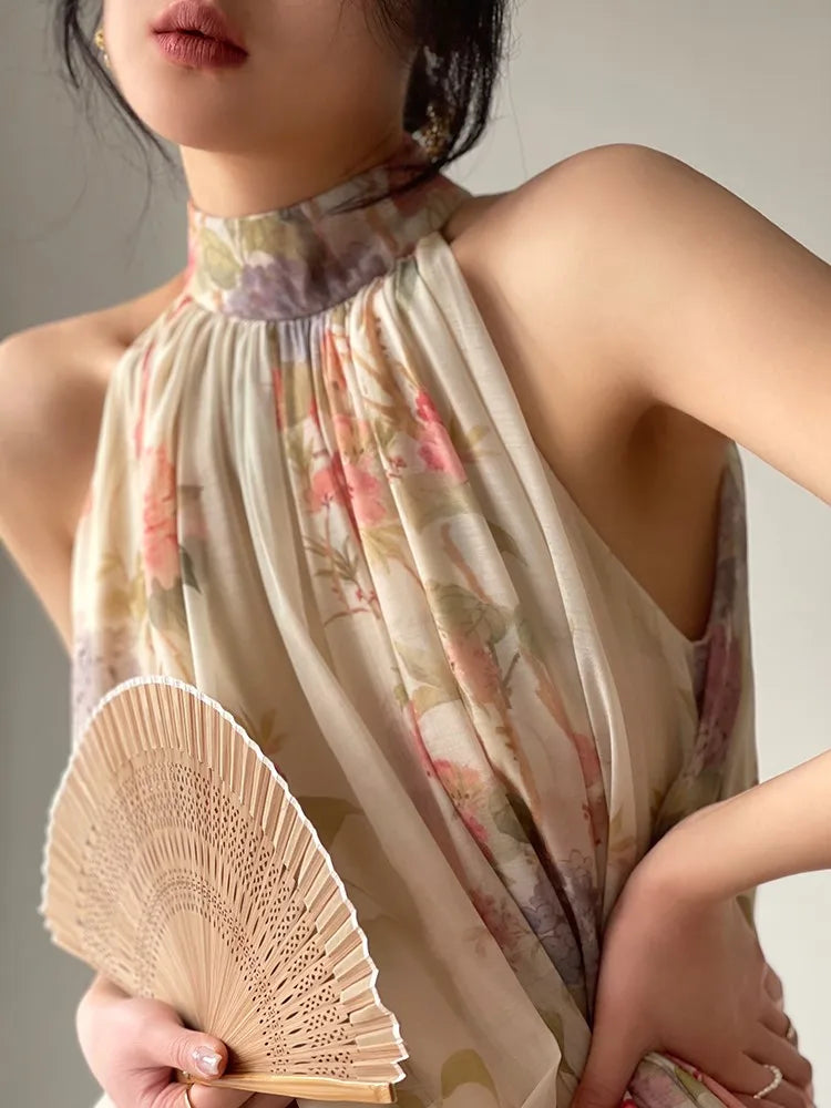 Halter Long Dresses for Summer New Printed Sleeveless Aline Loose Party Dress Prom Robe Vestidos Mujer