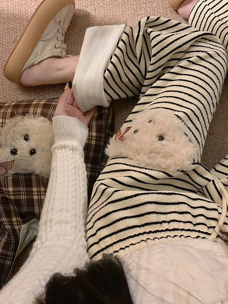 Stripe Dog Graphic Sweatpants Cutecore Cartoon Embroidery Wide Leg Straight Pants Korean Thick Warm Winter Bottoms