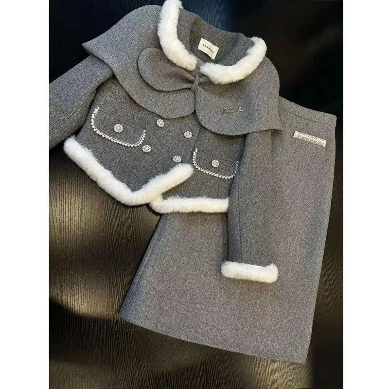 Sweet Hot Girl Suit Autumn/winter Fur Collar Padded Coat Highwaisted Aline Skirt Twopiece Set Female Clothes