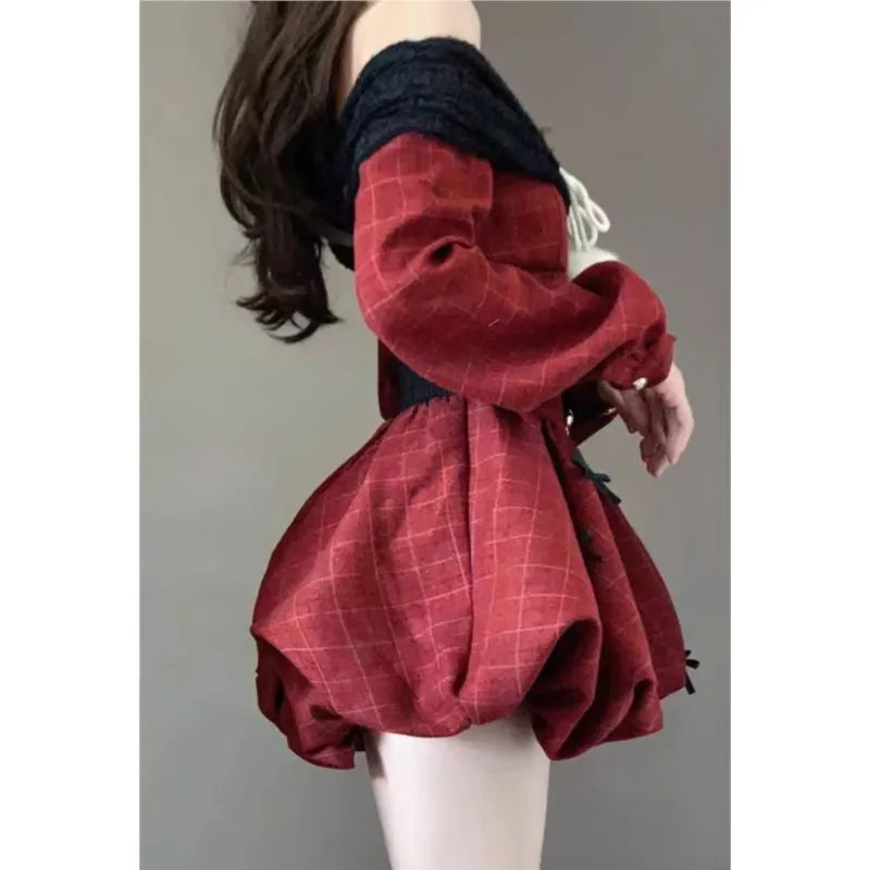 Y2k Christmas Red Party Dress Sweet Plaid Bow Dresses Female Korean Kawaii Mini Dress