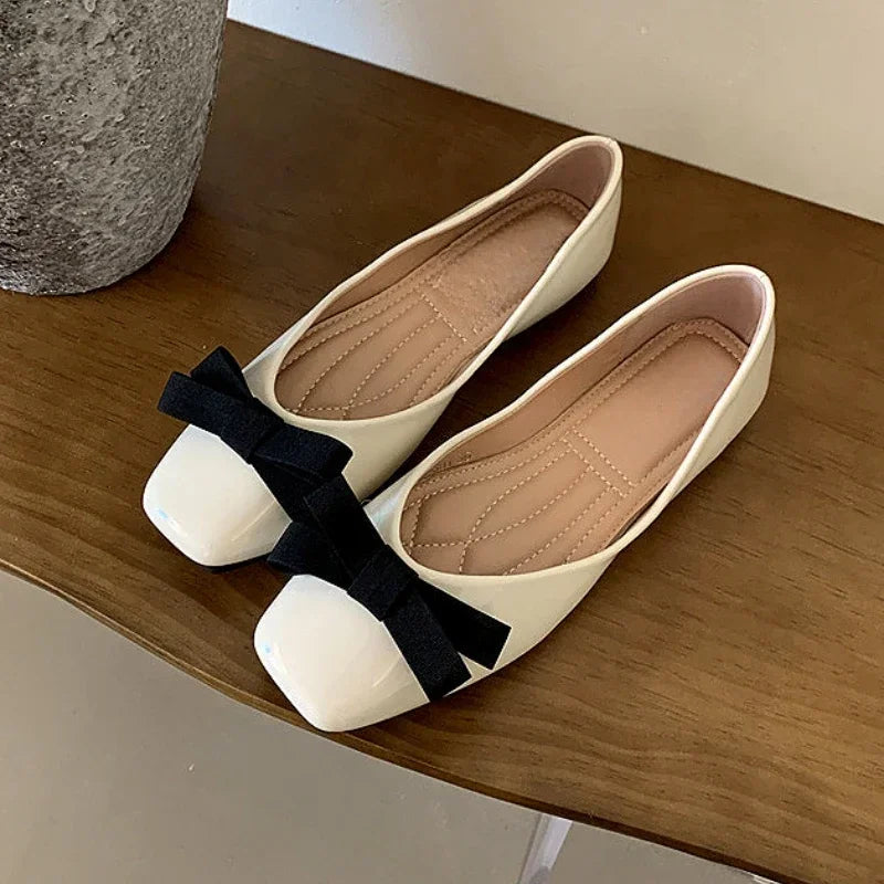 New Mary Jane Shoes Square Toe Flats Shallow Dress Shoe Butterfly Knot Patent Leather Soft Soled Ballet Shoes