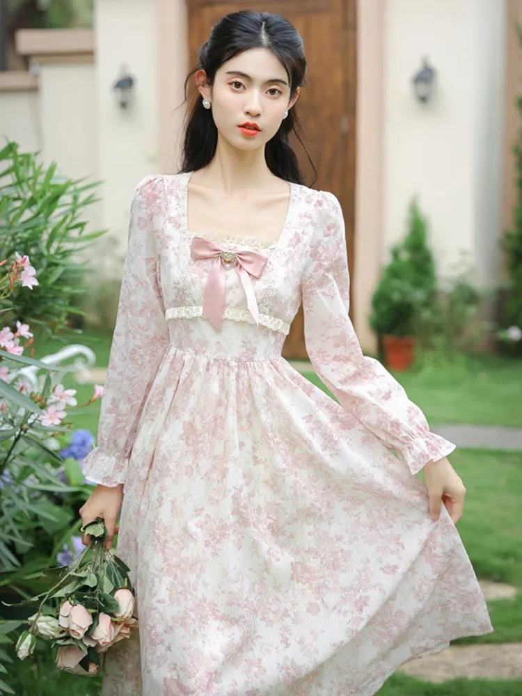 Sweet Pink Princess Dress Bow Petal Sleeve Print Flattering Waist Romantic Lady Midi Dresses Robe Rose Vestidos
