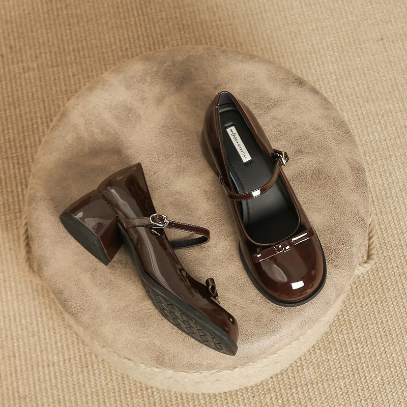 Patented Leather Mary Jane Shoes Retro Thick Heel Round Toe Shoes New One Line Buckle Lace Up Single Shoe
