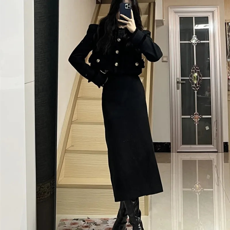 Korean Two-piece Skirt Sets Crop Jacket Coat Bodycon Midi Skirt Autumn Winter New Female Outfits