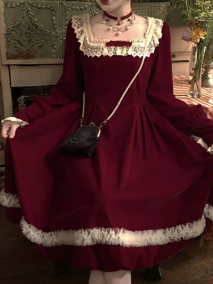 French Style Bow Lace Velvet Long Dress Autumn New Long Sleeve Temperament Princess Style Dresses