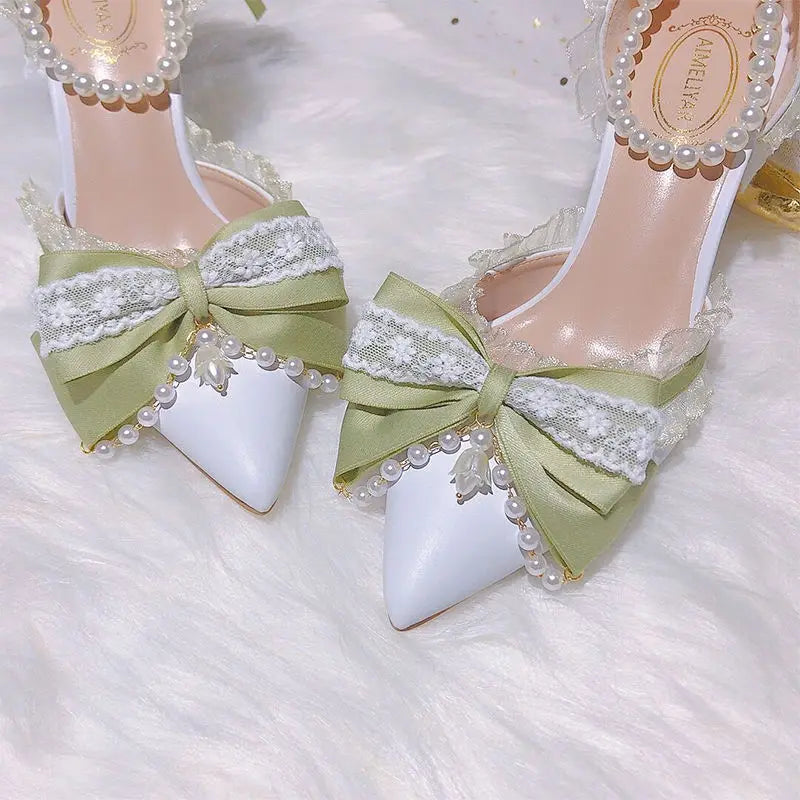 Lolita High Heels for Pearl Lace Green Designer Shoes High End Knot Bridal Shoes Trending