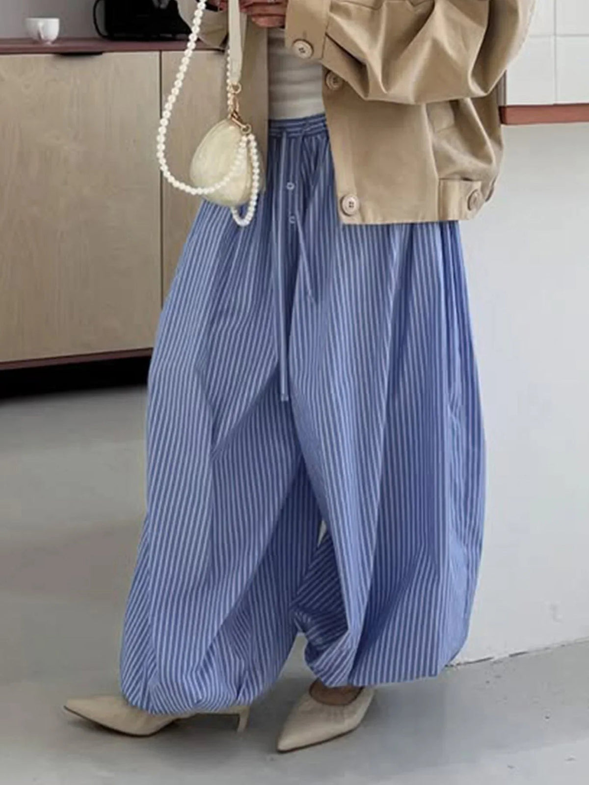 Blue Striped Print Pants Elastic Low Rise Loose Trousers Y2k Aesthetic Korean Style Hippie Trousers