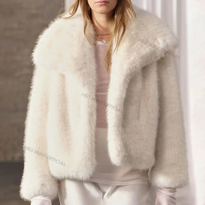 Street Furry Collar Faux Fur Coat Winter Hot Snow White Mountain Fluffy Fox Fur Jacket
