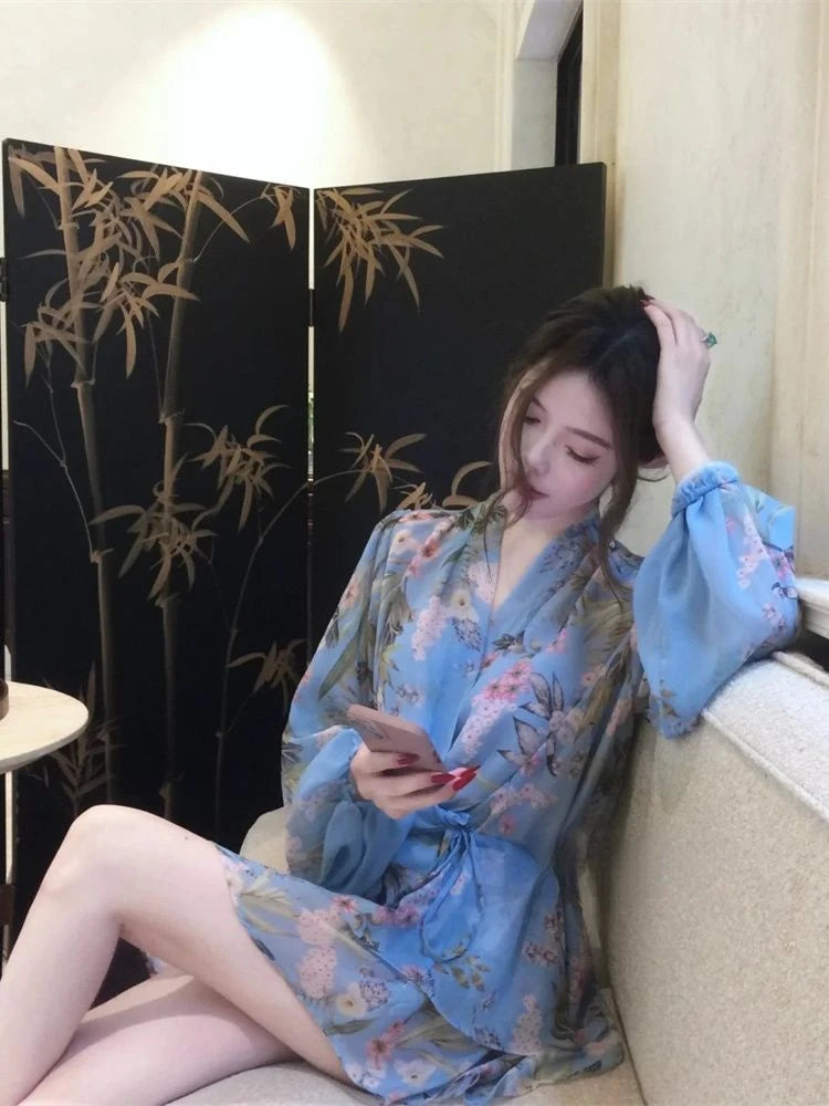 French Flower Chiffon Dress Retro Lantern Sleeve Mini Dress Female Even Party Korean Summer