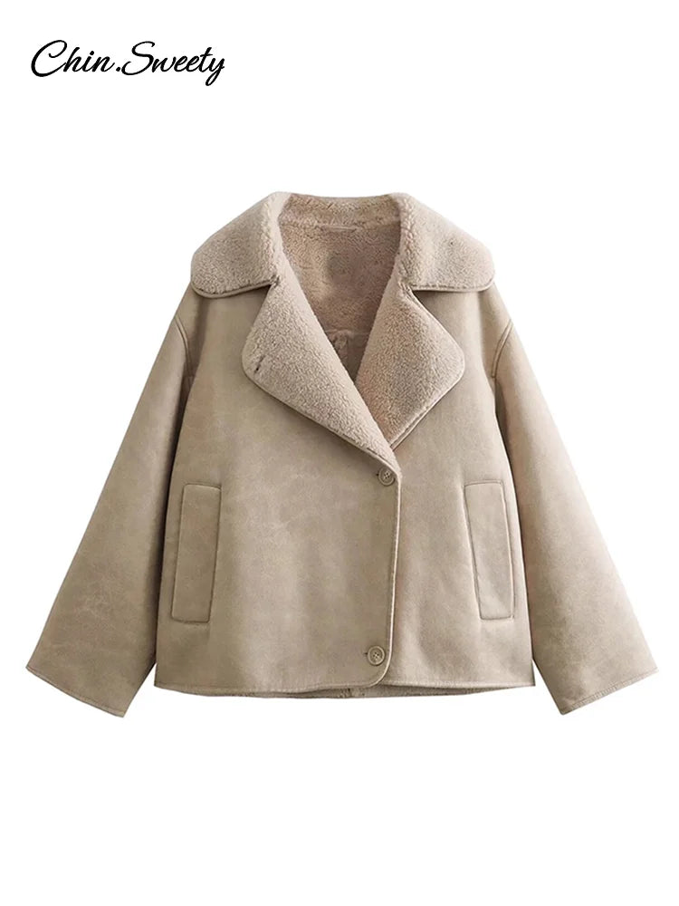 ’s Leather Jacket Loose Thick Warm Lapel Single Breasted Long Sleeve Fleece Jacket Fall Winter Street Outwear