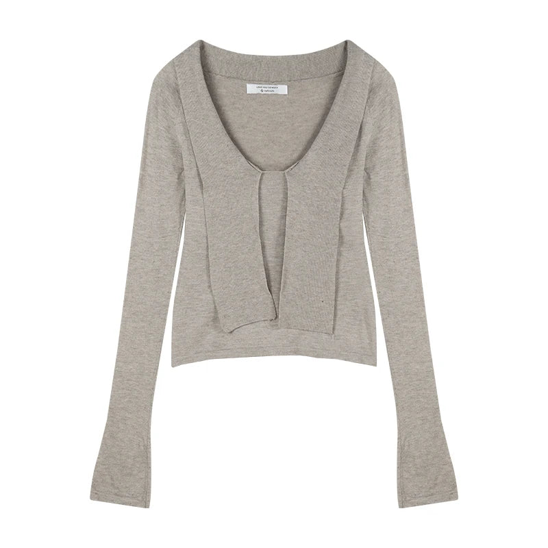 Khaki Ribbon Vneck Long Sleeve Knitted Sweater Korean Style Slim Knitwear Design Aesthetics Clothes