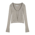 Khaki Ribbon Vneck Long Sleeve Knitted Sweater Korean Style Slim Knitwear Design Aesthetics Clothes