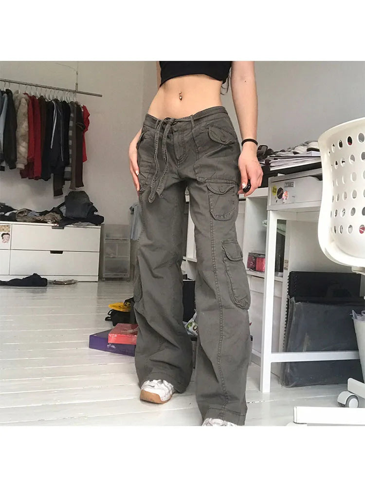 Woman Allmatch Jeans Denim Pants Cargo Pants Multiple Pockets Tunic Trousers Low Waist Baggy Ins