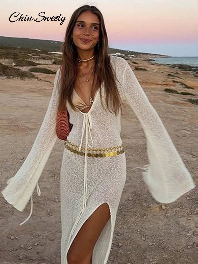 Beach V-neck Long Dress White Knitted Lace Up See Through High Slit Maxi Dresses Summer Lady Holiday Vacation Robes