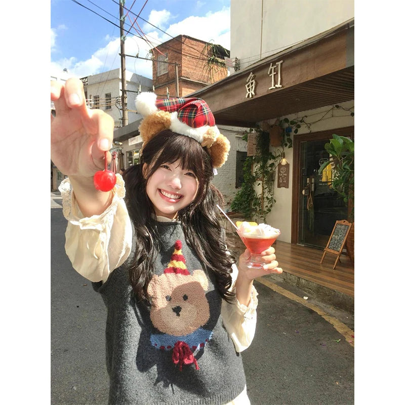 Kawaii Cartoon Bear Sweater Vest Japanese Print Knitted Pullovers Waistcoat Aesthetic Knitwear Korean Sleeveless Jumpers