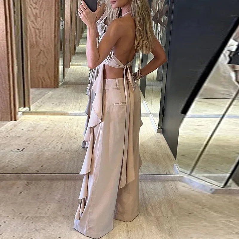 High Street Outfits New Hollow Design Backless Slim Suits Halter Ruffled Top With Long Pants 2 Piece Sets