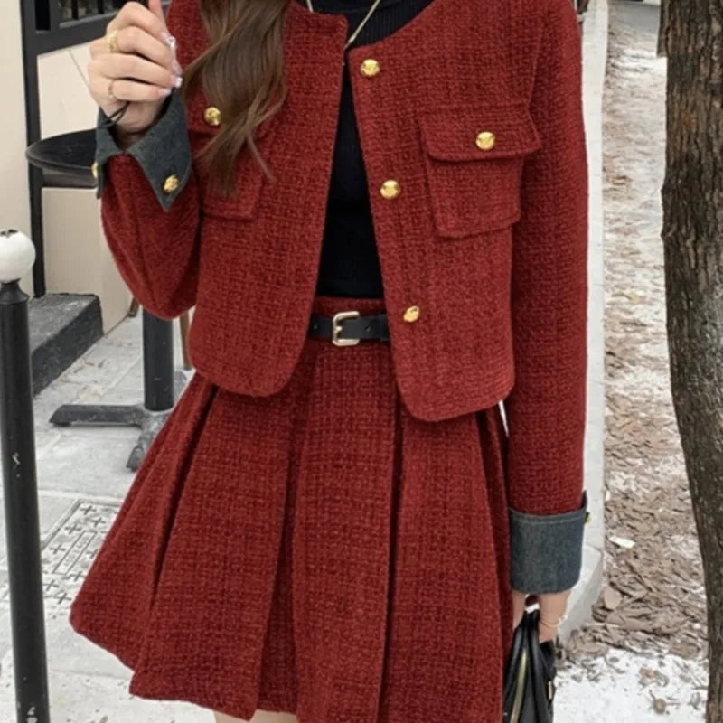 Autumn Winter New Red Tweed Two-piece Skirt Set Short Jacket Coat Pleated Mini Skirt Korean Female Outfits