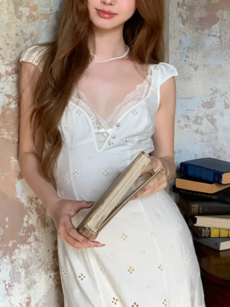 French Retro Midi Dress Summer Even Party Clothing Vneck Y2k Korean Sleeveless Dresses