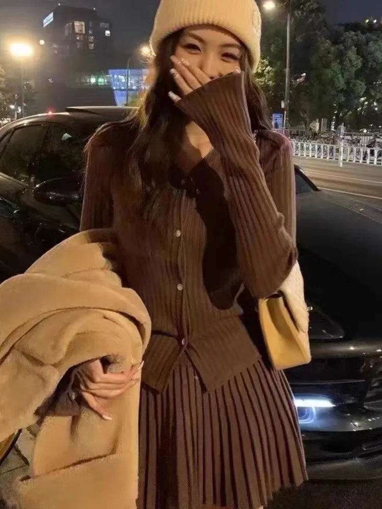 Autumn Y2k Knitted 2-piece Skirt Set Single Breasted V-neck Cardigan Pleated Mini Skirt Korean Suit Knitting Outfits