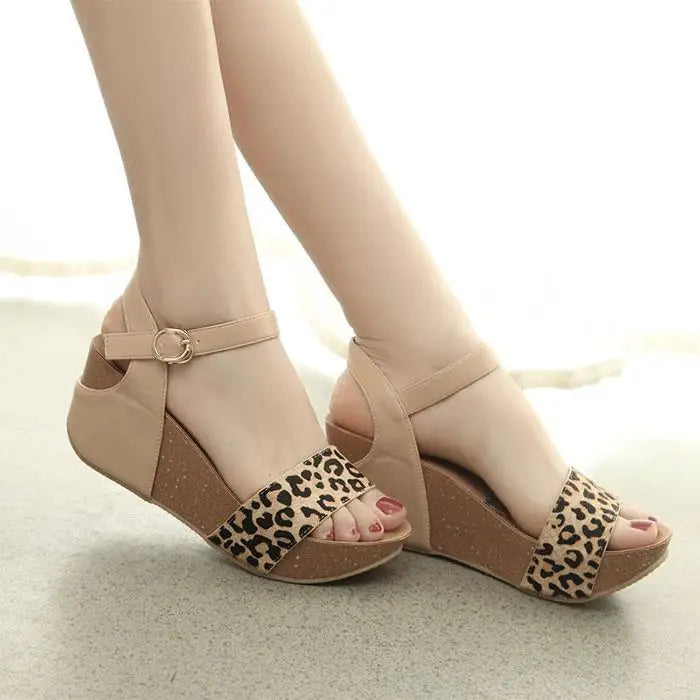 Summer New Genuine Horsehair Highheeled Thicksoled Leopardprint Roman Slopeheeled Sandals 32 33 Small Size Shoes