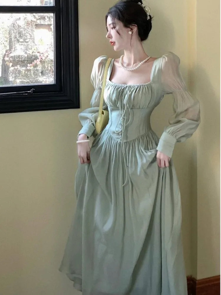 French Lantern Sleeve Lace Up Midi Dress Summer Square Neck Evening Party Prom Robe Female Vestidos Mujer Autumn