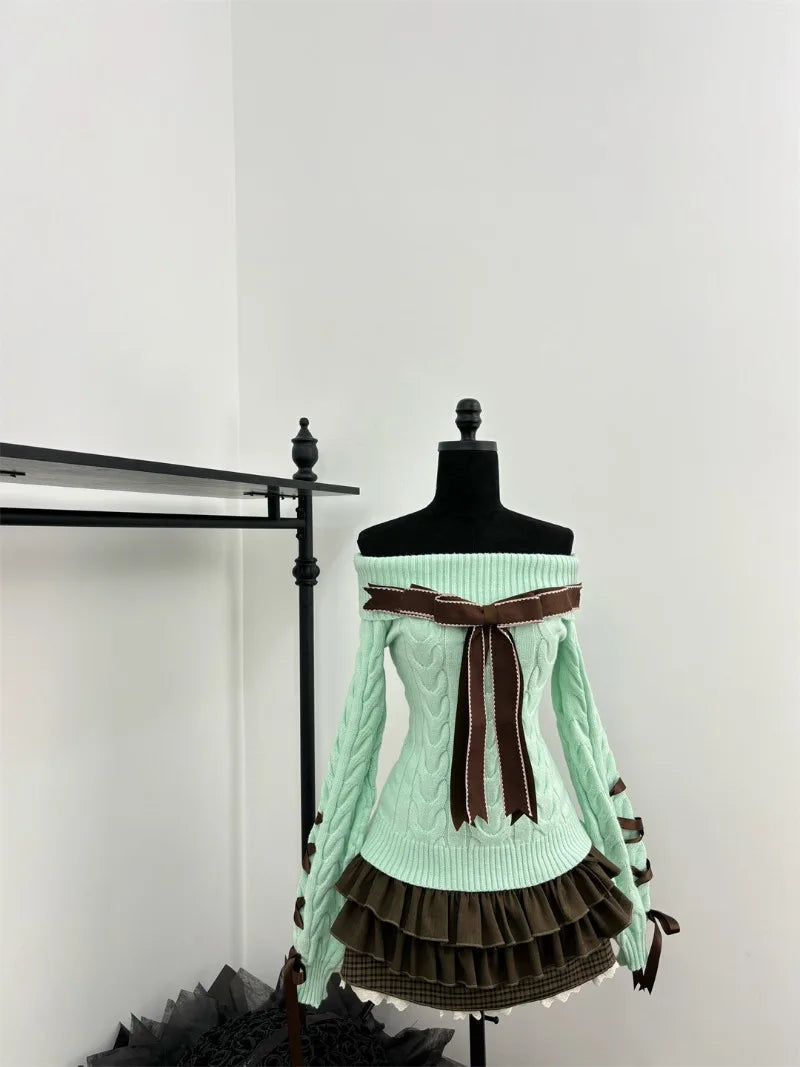 Sweet Hot Girl Retro Suit Autumn and Winter Bow Off Shoulder Sweater Plaid Aline Skirt Twopiece Set Female Clothes