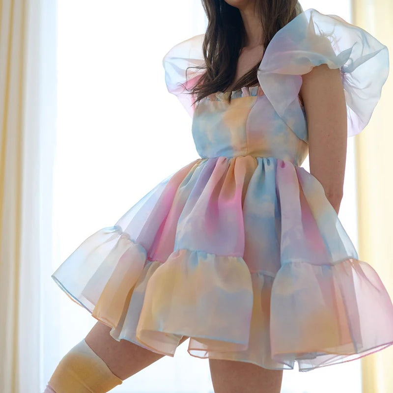 Kawaii Puff Sleeve Tulle Princess Dress Off Shoulder Square Collar Mini Dress Puffy Mesh Party Prom Evening Dress