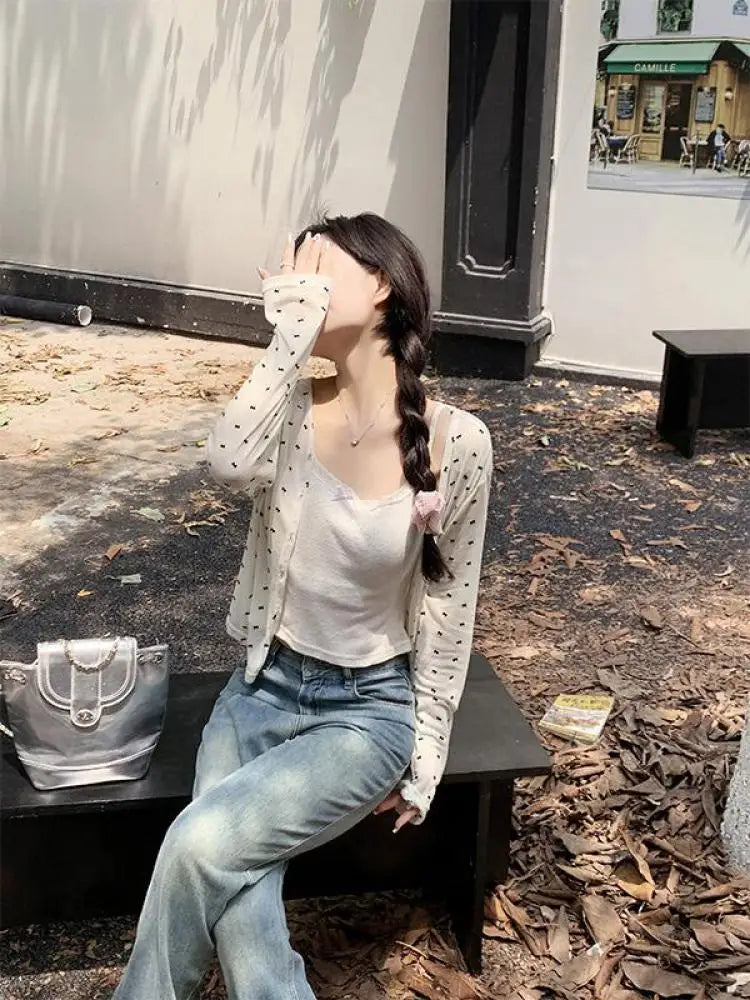 French White Bow Print Long Sleeved Knitted Sweater Spring Autumn New Gray Versatile Cardigan Tops Clothes Trend