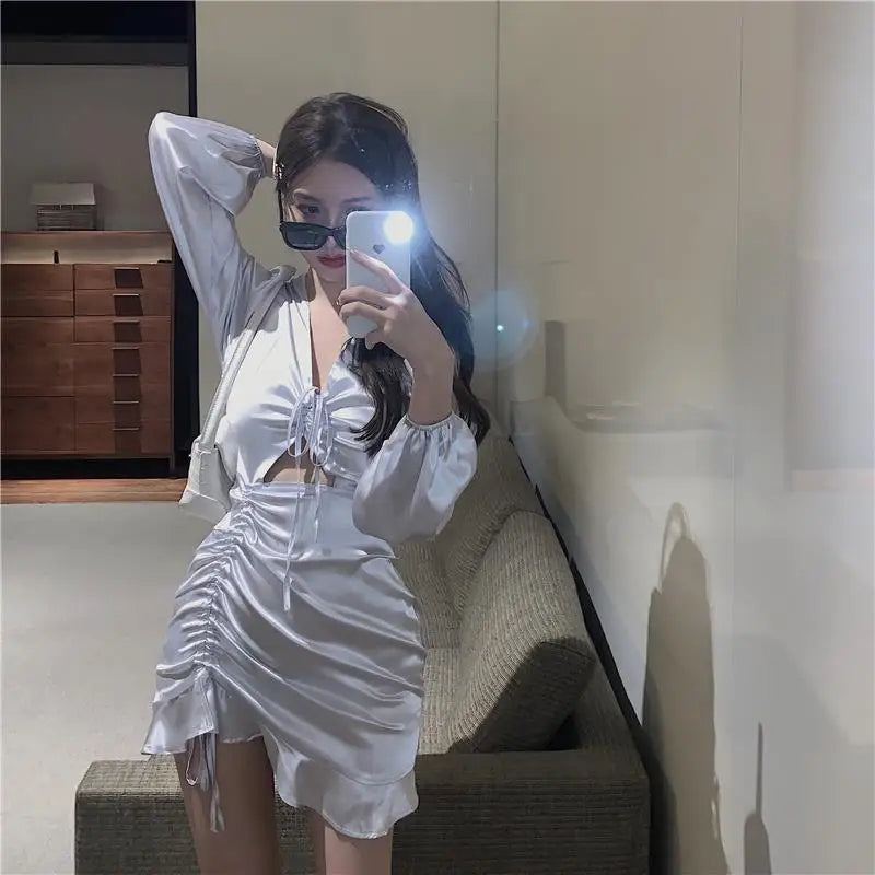 Autumn Vneck Club Mini Dress Hollow Out Irregular Ruffles Design Dress Prom Evening Party Dress