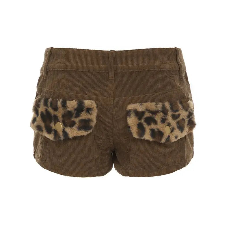 Autumn/winter Retro Furry Leopard Pattern Spliced Corduroy Shorts for Low Waist Slim Spicy Girl Pocket Hot Pants