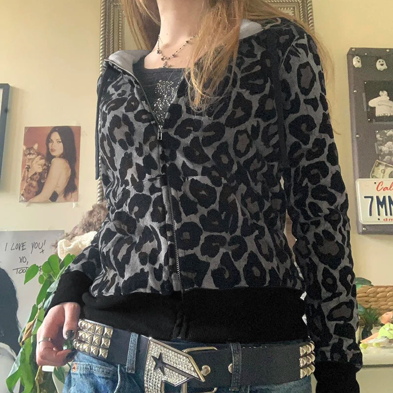 Leopard Print Velvet Hoodie Grunge Loose Zipup Hooded Sweatshirts Y2k Contrast Patchwork Cardigan Retro Thin Coat New
