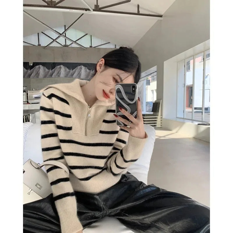 ’s Striped Sweater Zip Thick Fall Loose Turtleneck Knit Jumper Turn-down Collar Oversize Sweaters
