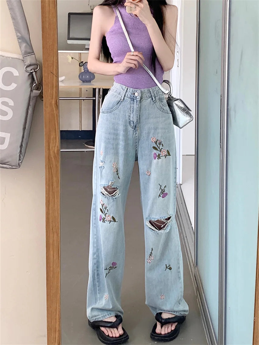 Embroidery Flowers Jeans Autumn Ol Hole Loose Slim New Straight Denim Pants