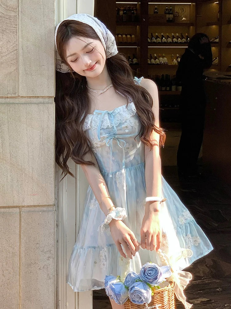 Beach Even Party Mini Dress Summer Sleeveless Kawaii Strap Dress Y2k Fairy Dress Japanese