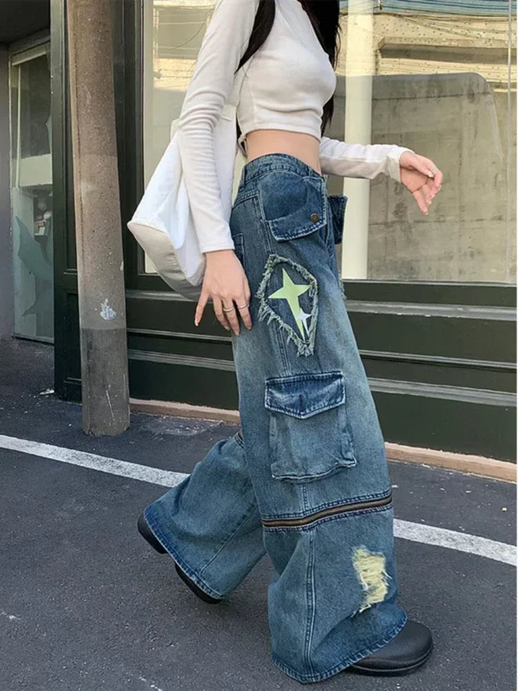 Blue Washed Cargo Jeans Ripped Wide Leg Denim Pants Zipper Oversized Y2k Hip Hop Graffiti Baggy Bottoms