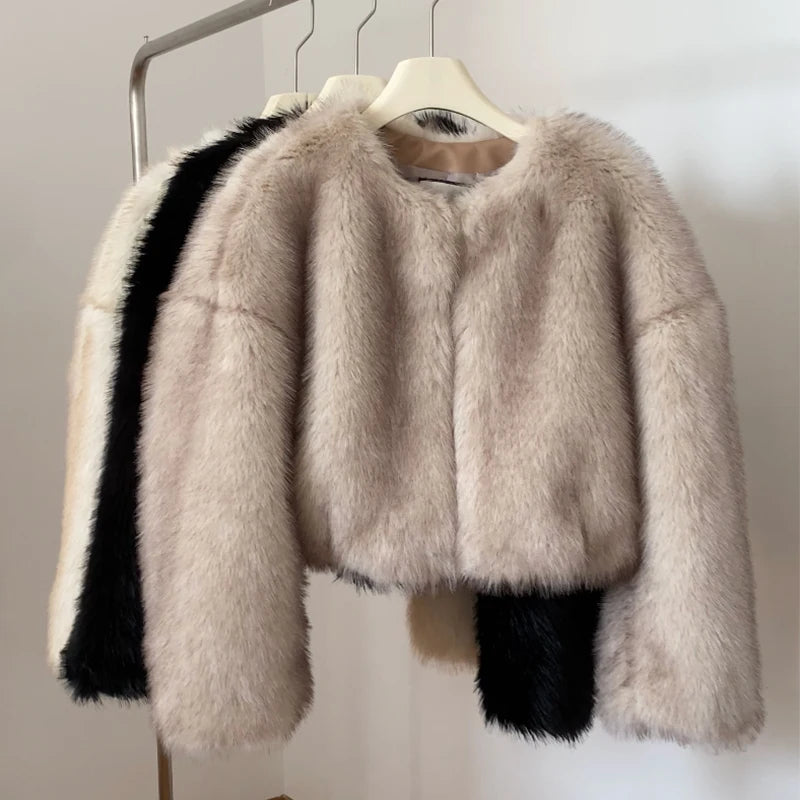 Street Blogger Winter Faux Raccoon Fox Fur Coat Jacket Thick Warm Cropped Fluffy Overcoats